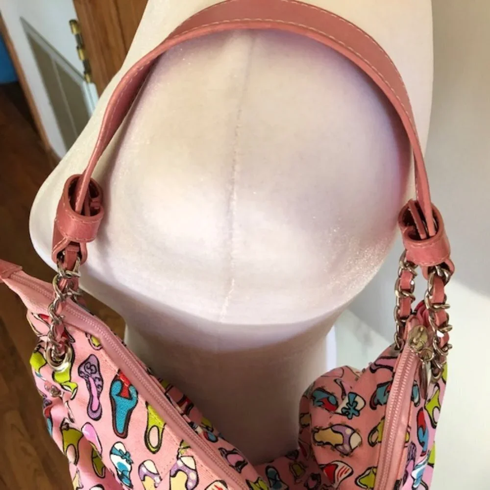 GIO CELLINI Bead Sequin Pink Canvas Shoe Print Hobo Shoulder Bag/Purse